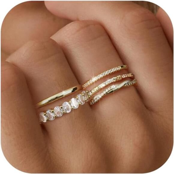 5-Piece Gold Stackable Ring Set – 14K Gold Plated Minimalist Bands - Picture 1 of 2